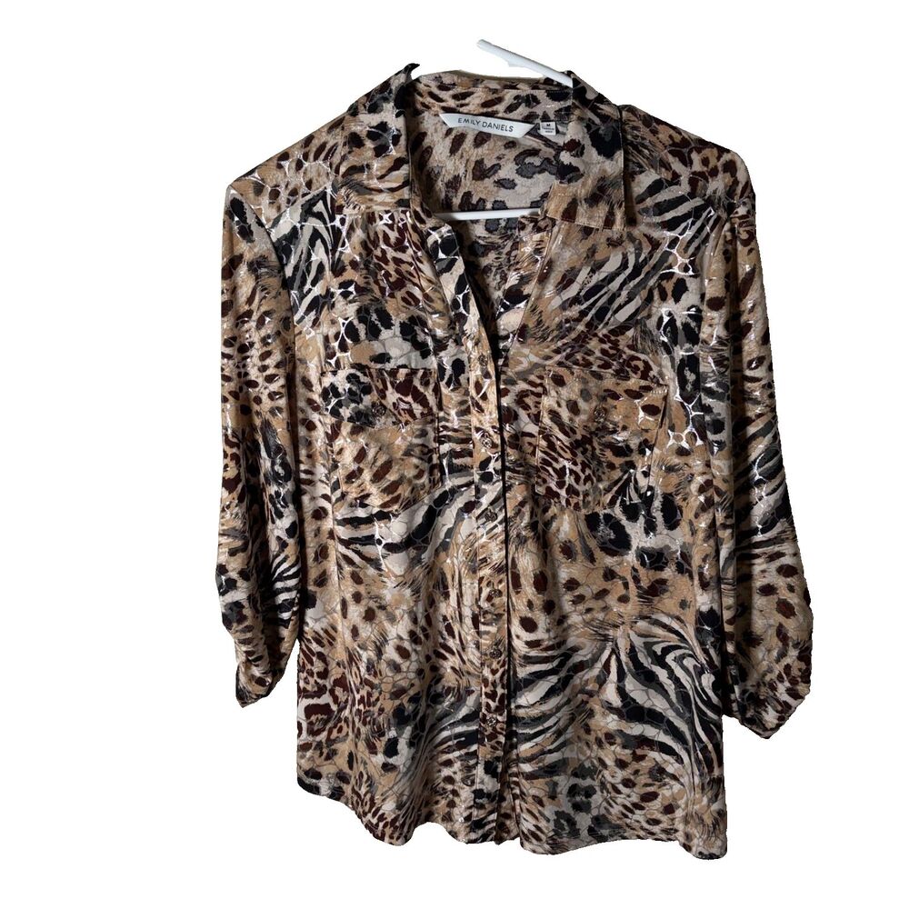 Emily Daniels Blouse Women's Medium Cheetah Printed Button Up Metallic Top